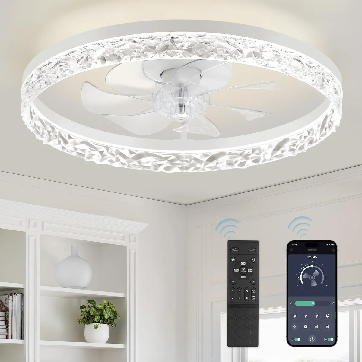 White flush-mount ceiling fan with five black blades and acrylic diffuser, 20 inch diameter