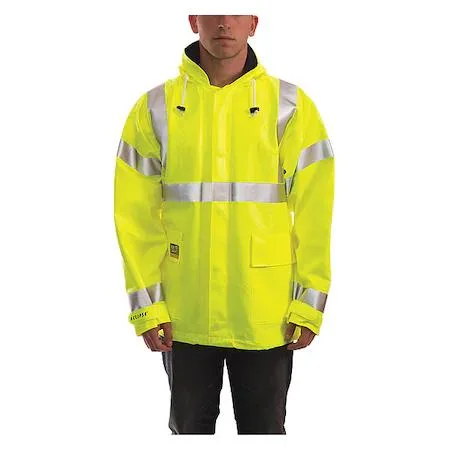 Lime PVC rain jacket with reflective tape and zipper closure