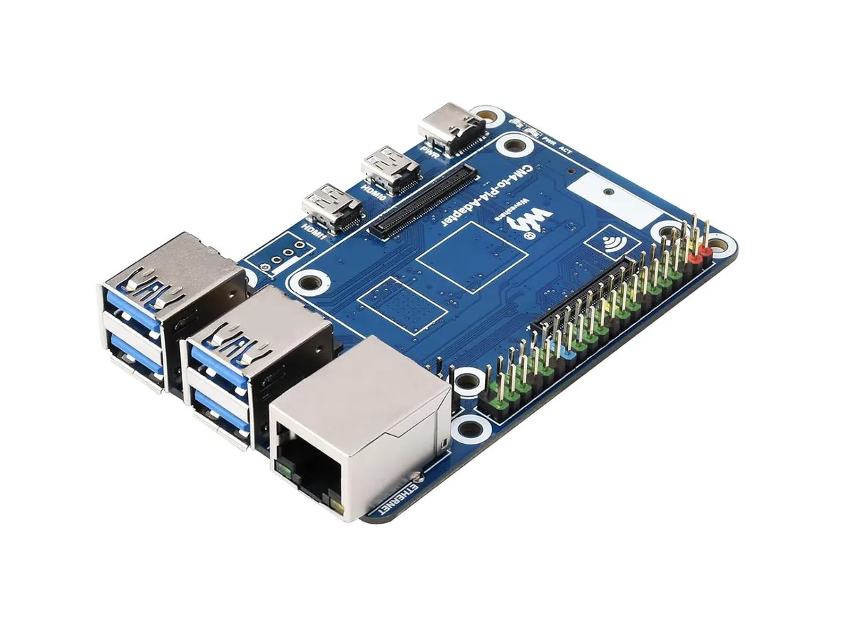 Green rectangular circuit board with CM4 connector, four USB ports, RJ45 jack and PoE header