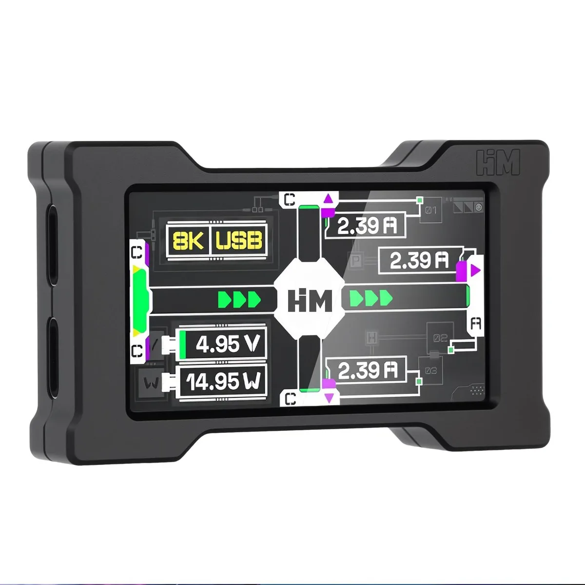 Compact black aluminium dock with 1.9-inch IPS screen showing port status and power data