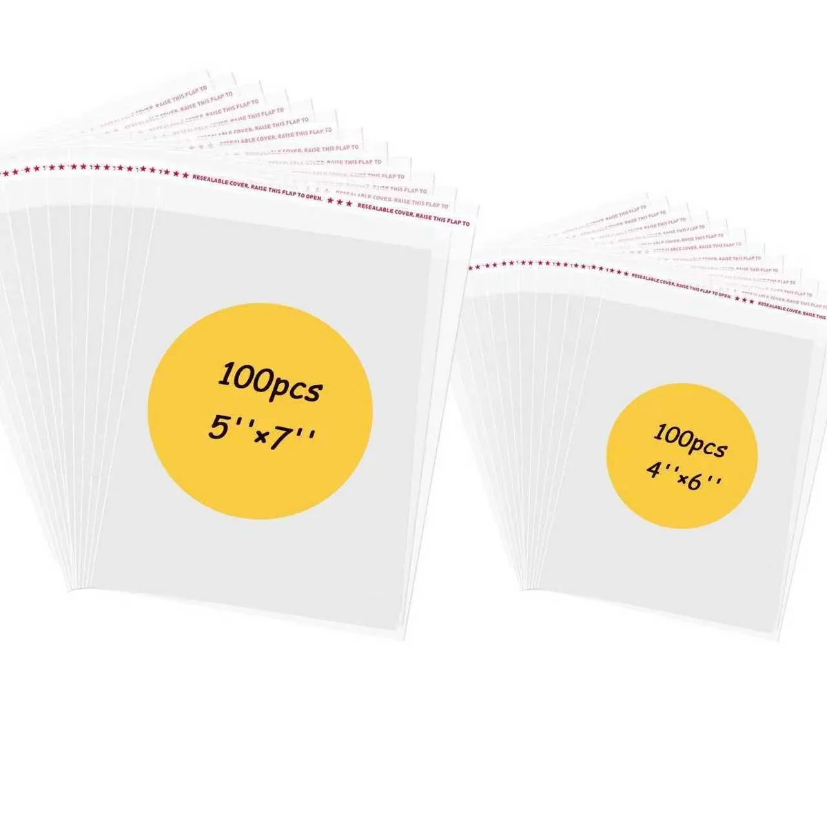 Pack of 200 clear self-sealing cellophane bags in two sizes