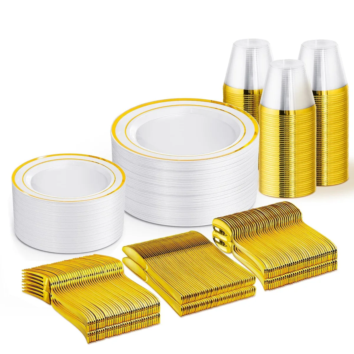 Gold and white disposable dinnerware set for 50 guests, 300 pieces including plates, cups, and cutlery