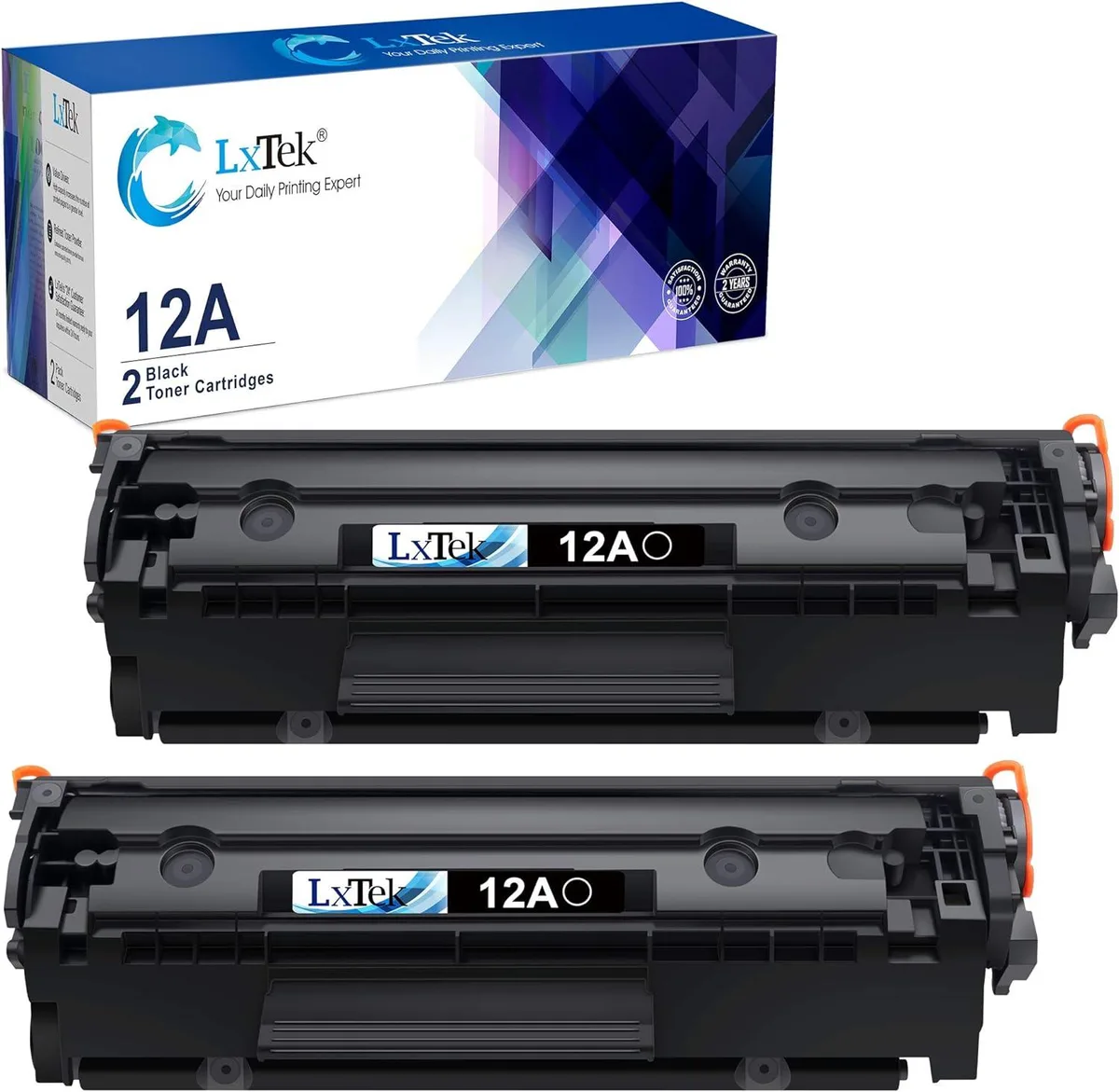 Two black rectangular toner cartridges in sealed packaging