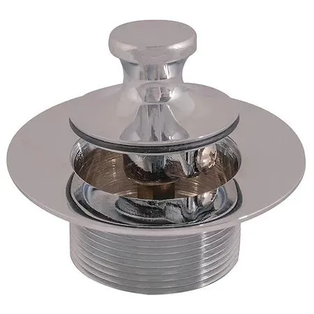 Silver round bath drain with lift-and-turn stopper and threaded brass body