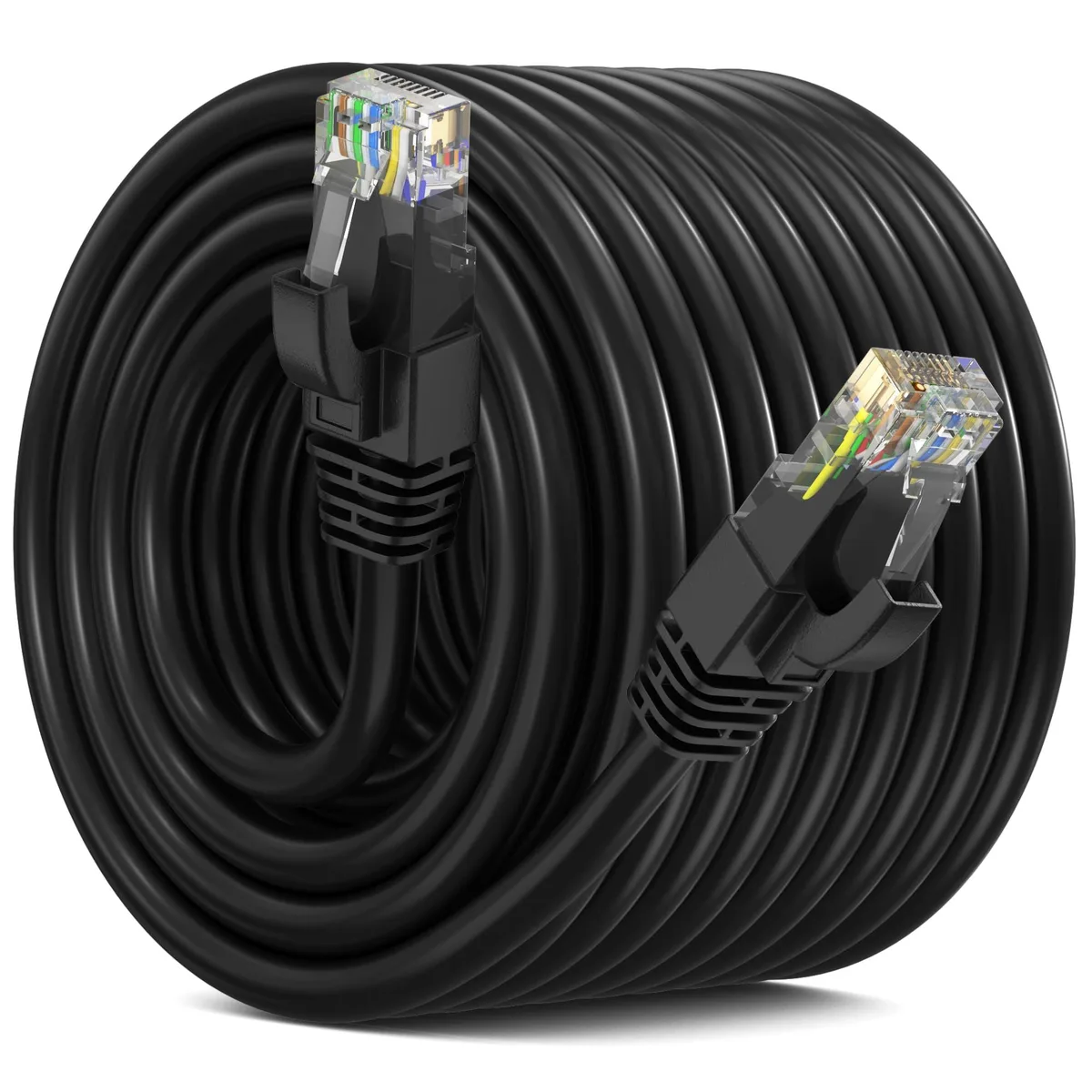 Black round Cat 6 ethernet cable with gold RJ45 connectors, 200 ft length