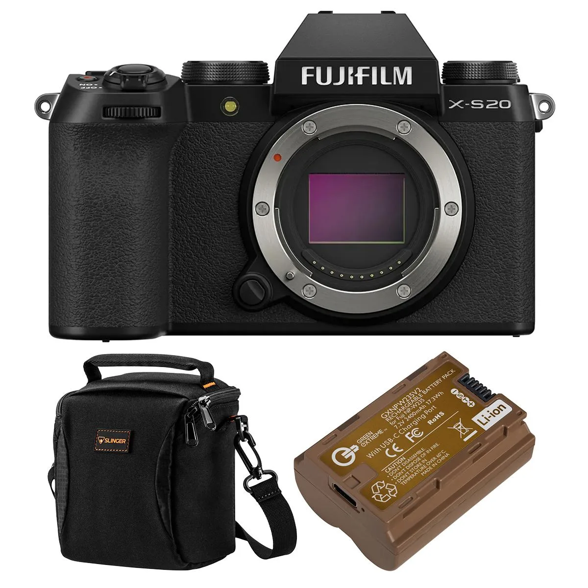 FUJIFILM FUJIFILM X-S20 Black bundle with 64GB SDXC card and shoulder bag — product photo