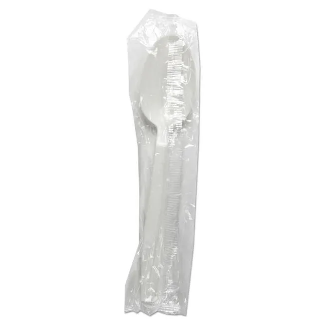 White heavyweight polypropylene teaspoon, individually wrapped, 6.46 inches long