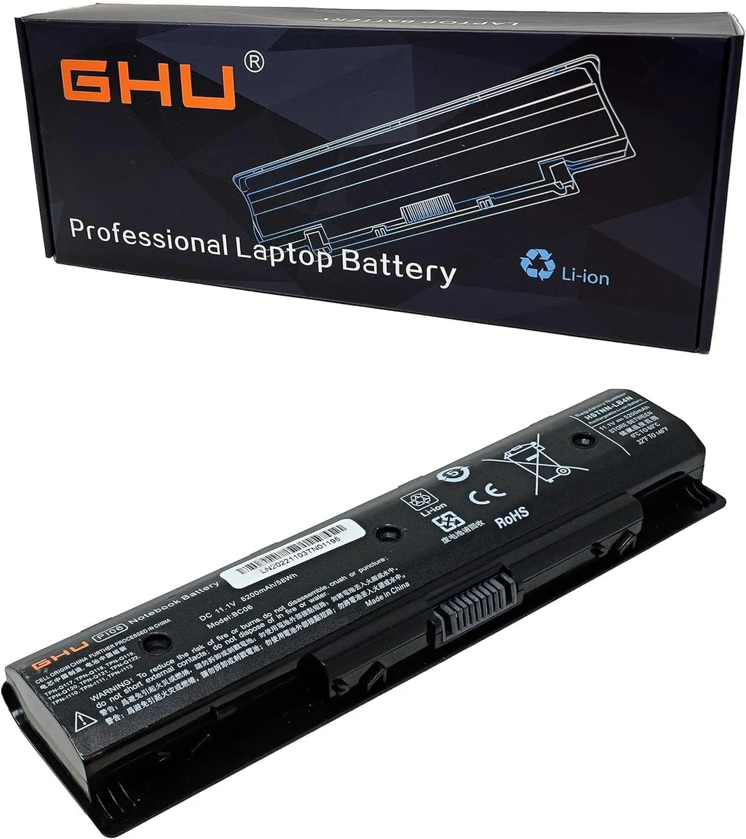 A rectangular laptop battery with label showing PI06 model and HP part numbers