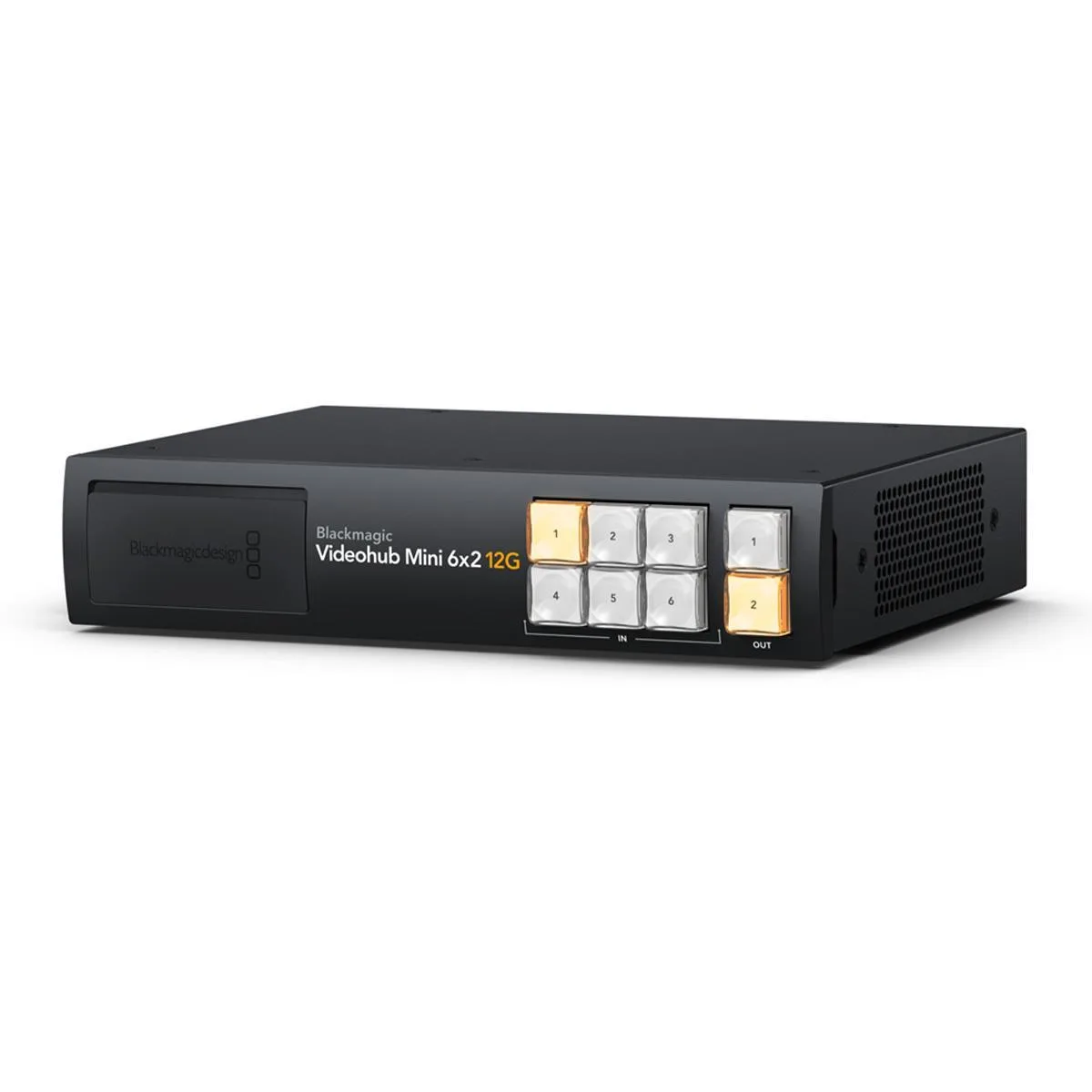 Compact half-rack 12G-SDI video router with front panel controls and USB-C webcam output