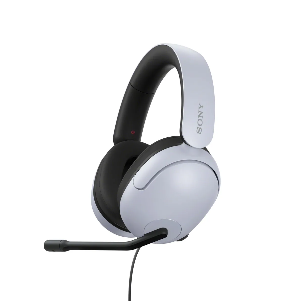 White over-ear gaming headset with retractable boom microphone and volume control on ear cup
