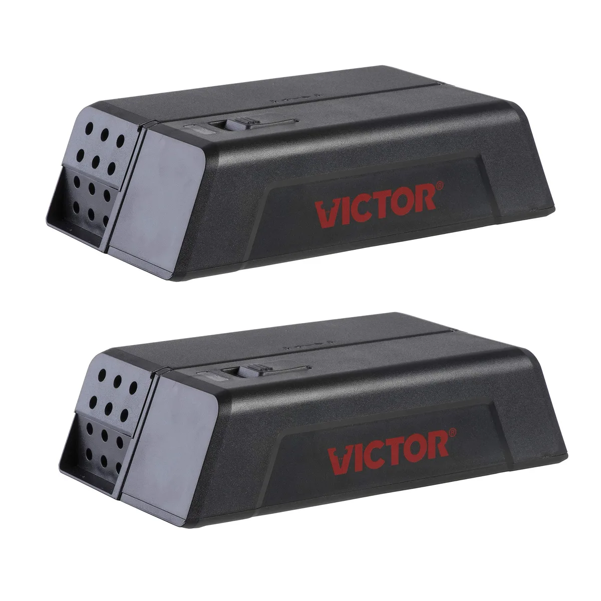 Two white rectangular electronic mouse traps with green LED indicators and removable kill chambers
