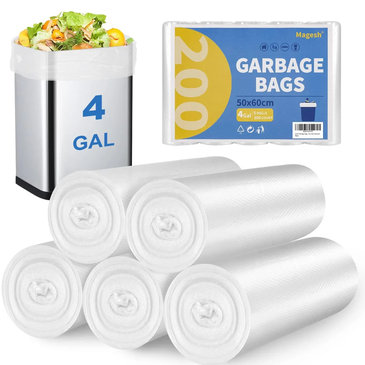 Clear plastic trash bags in a white box, 200 count