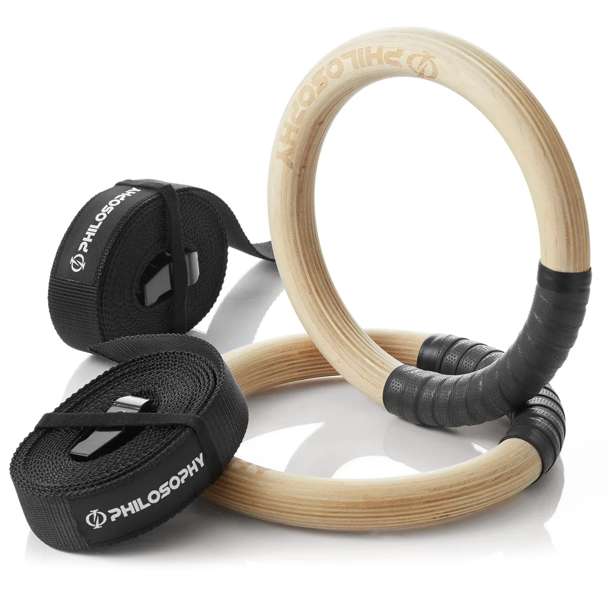 Philosophy Gym Philosophy Gym Wood Gymnastic Rings 1" 9.25" 15 ft Straps 800 lb Woodland — product photo