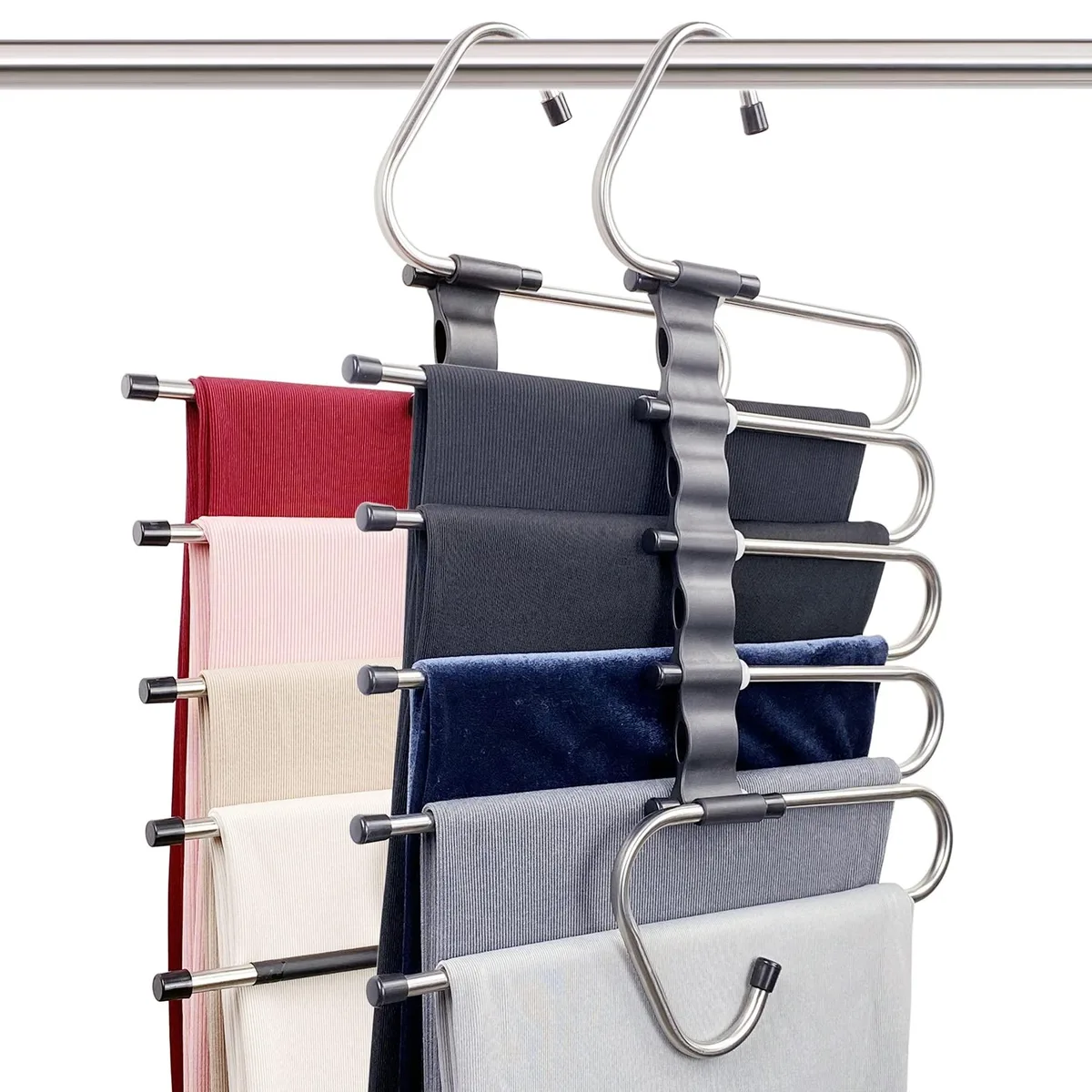 Two black multi-tier hangers with ten stainless steel clips