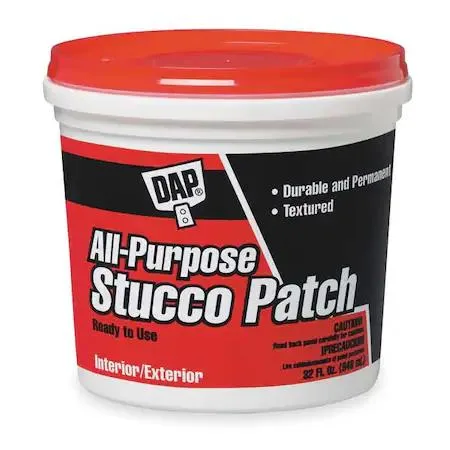 White textured stucco patch paste in a one-gallon plastic pail