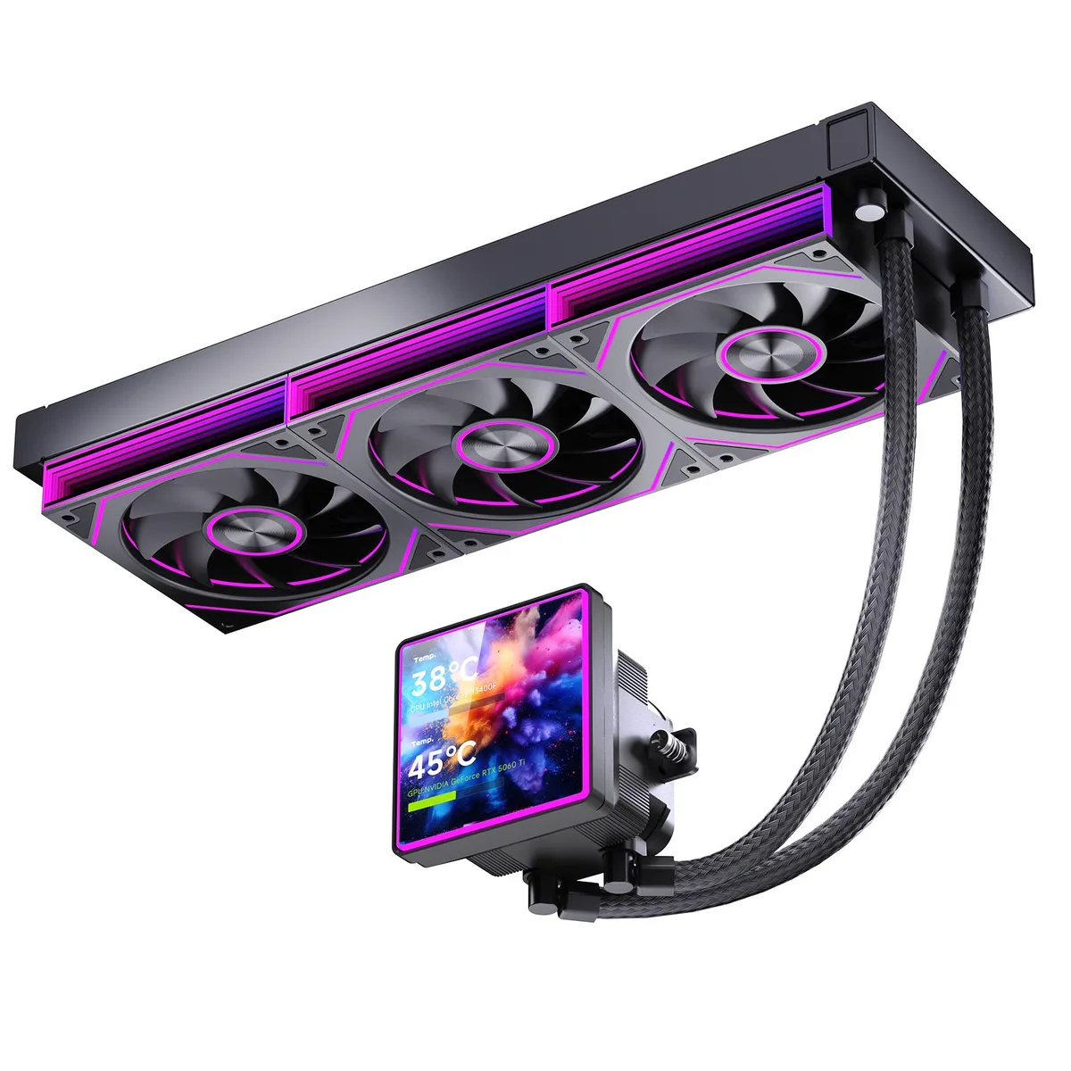 Black 360mm AIO cooler with 4-inch LCD pump block and three 120mm ARGB fans