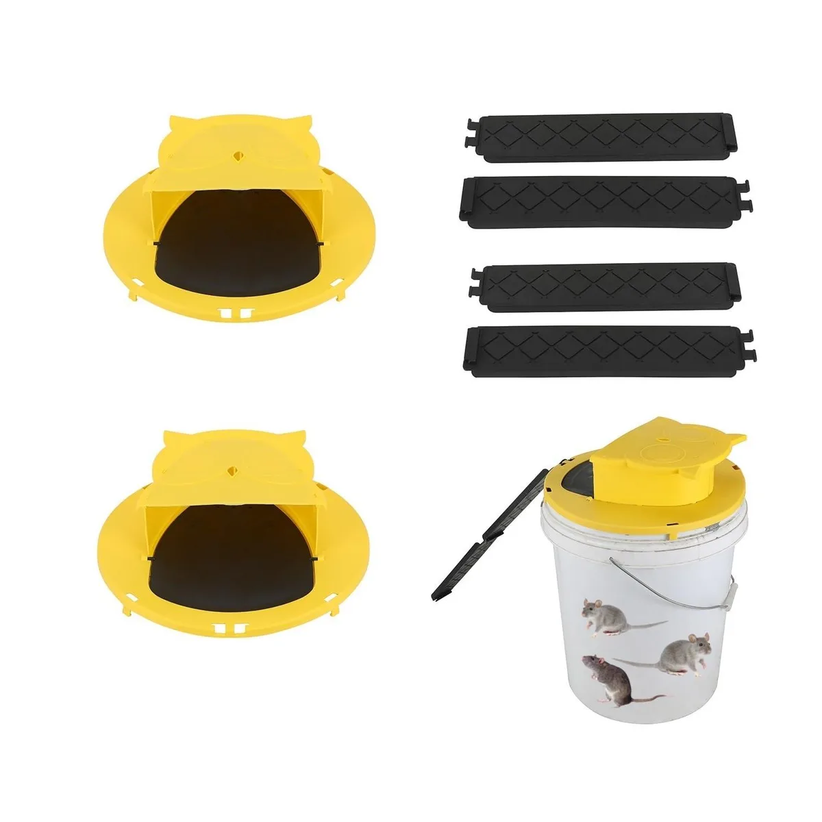Two plastic bucket-lid mouse traps with auto-reset ramps, light grey finish