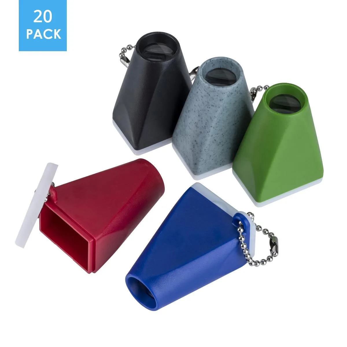 Twenty key-chain slide viewers with translucent caps for 35mm transparencies, assorted colors