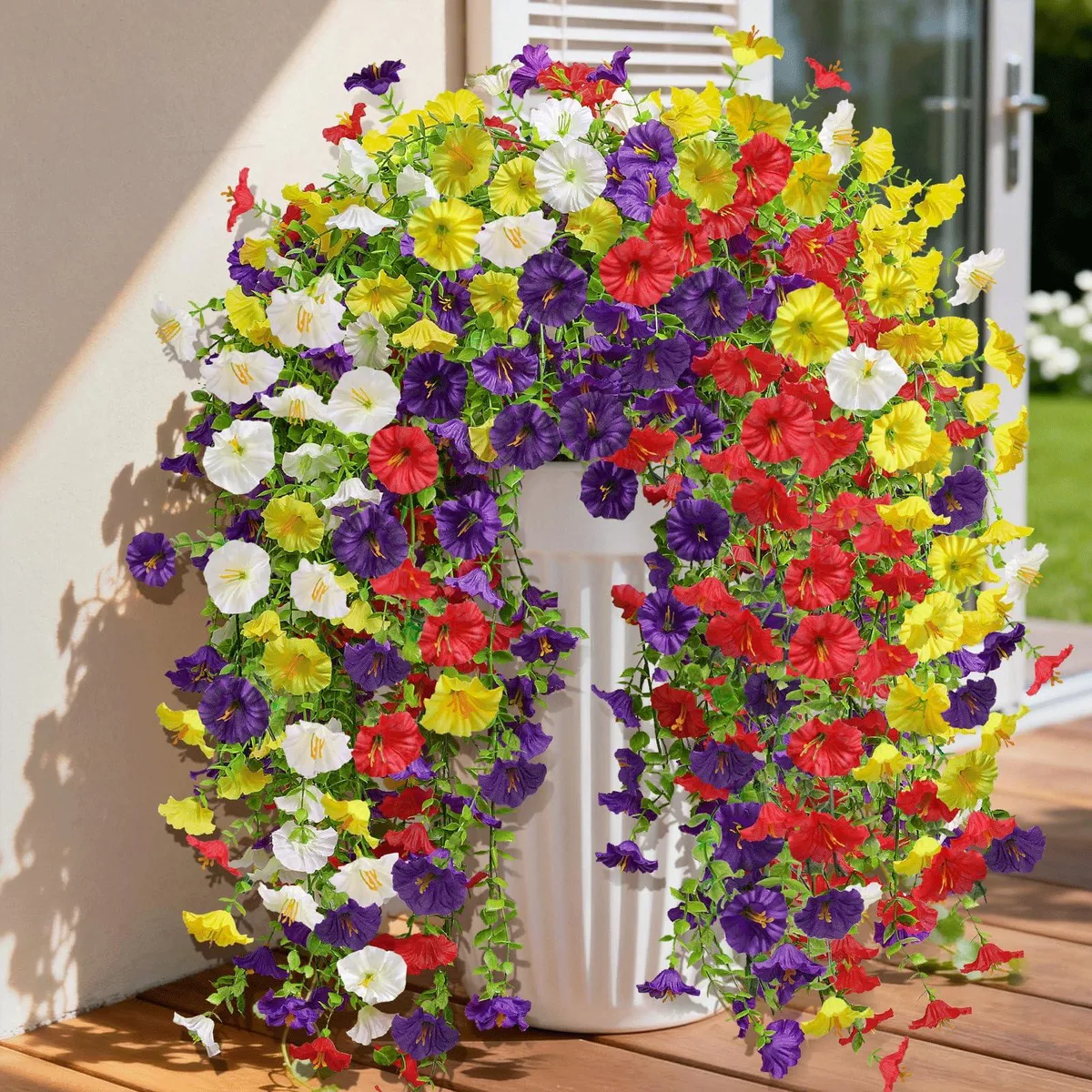 INQCMY Morning Glory Hanging Floral Arrangement Red Purple White Yellow 8 Pack 18.9in — product photo