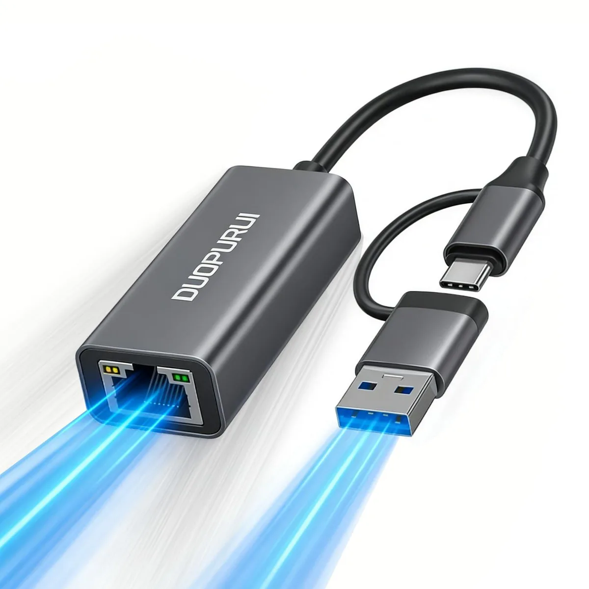 Grey aluminium dongle with USB-A, USB-C and RJ45 ports