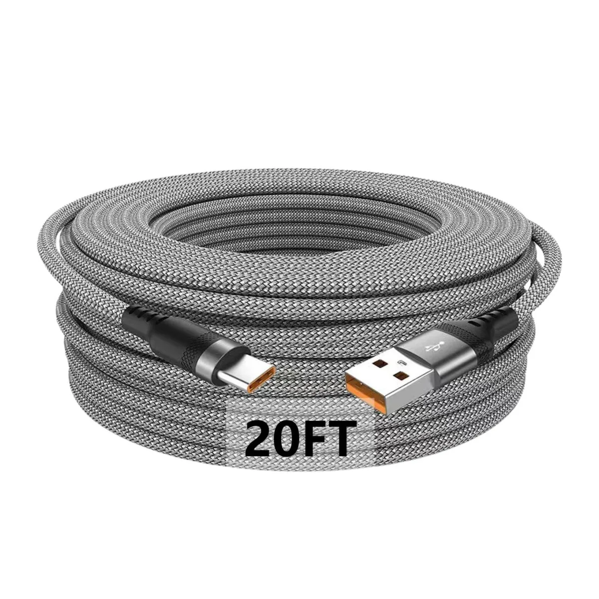 Grey braided USB-A to USB-C cable coiled to show 20 ft length