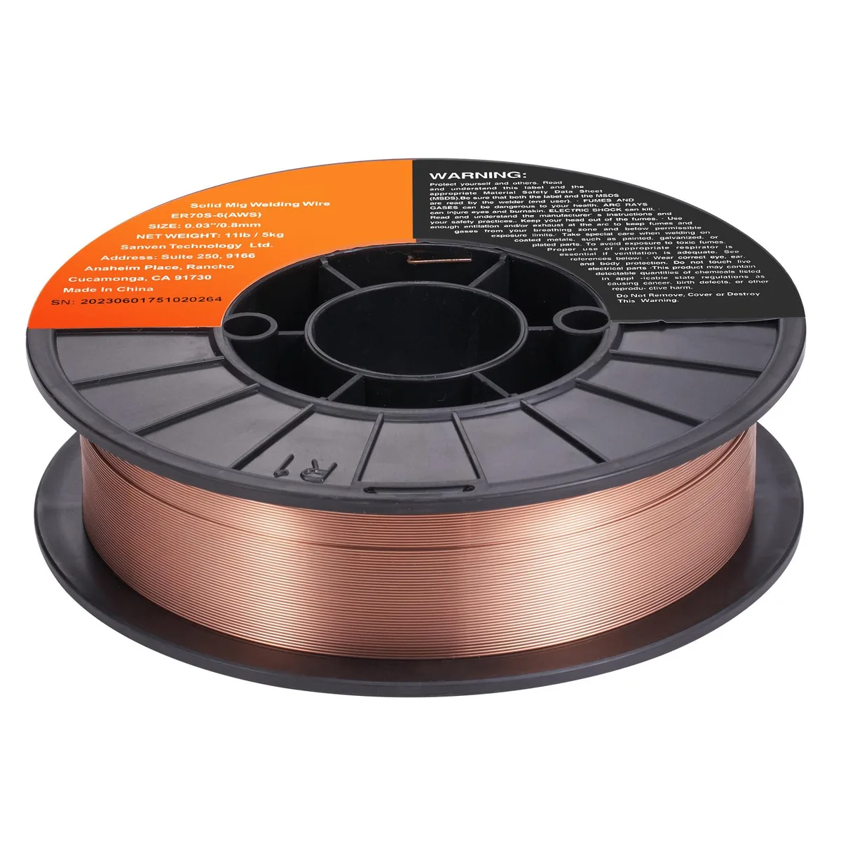 Blue plastic spool holding 11 lbs of 0.030 inch copper-coated steel welding wire