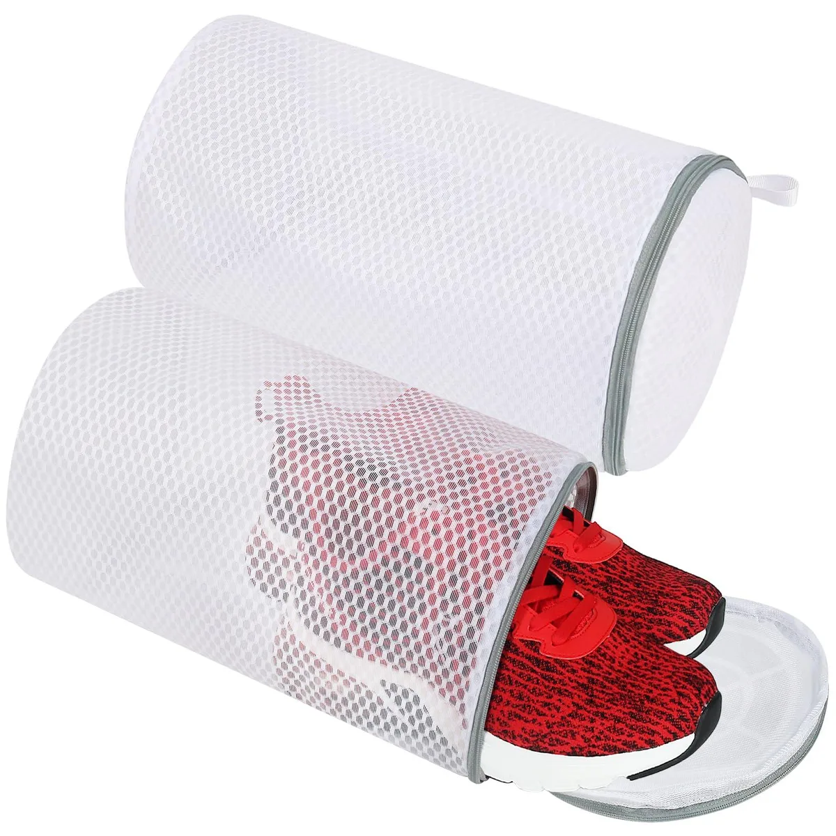 Two beige honeycomb mesh laundry bags with zipper closures, 14 by 7.8 inches