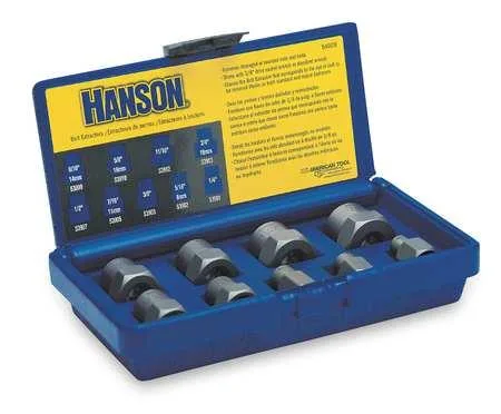 Nine-piece Irwin bolt extractor set in metal case, left-hand spiral flutes, 3/8-inch drive