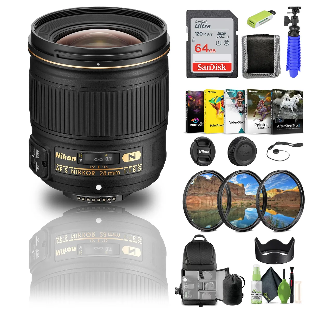 Nikon Inc Nikon AF-S NIKKOR 28mm f/1.8G Lens Bundle with 64GB Memory Card, Filter Kit and Backpack — product photo