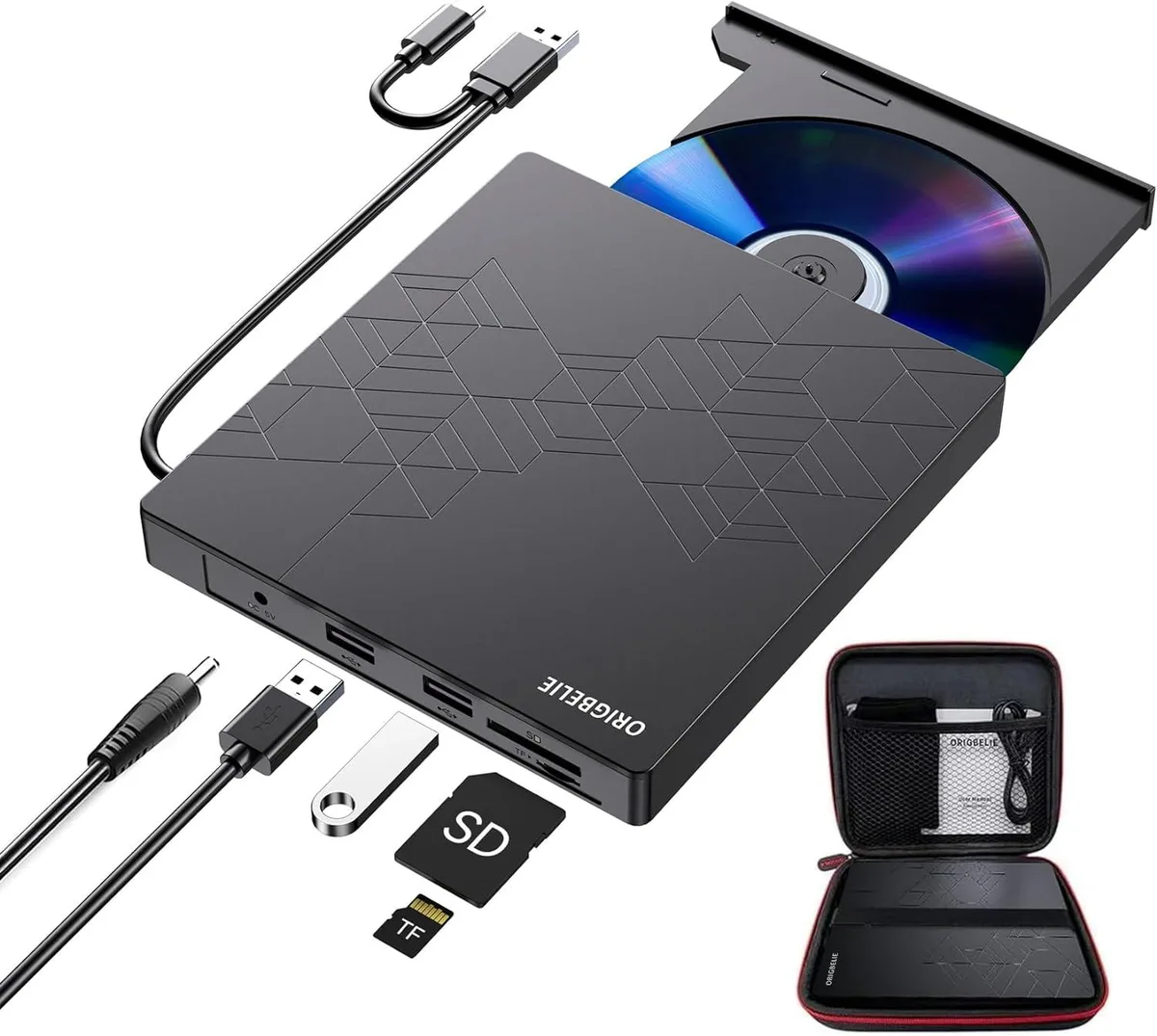 Rectangular silver external Blu-ray drive with USB-C cable and card slots
