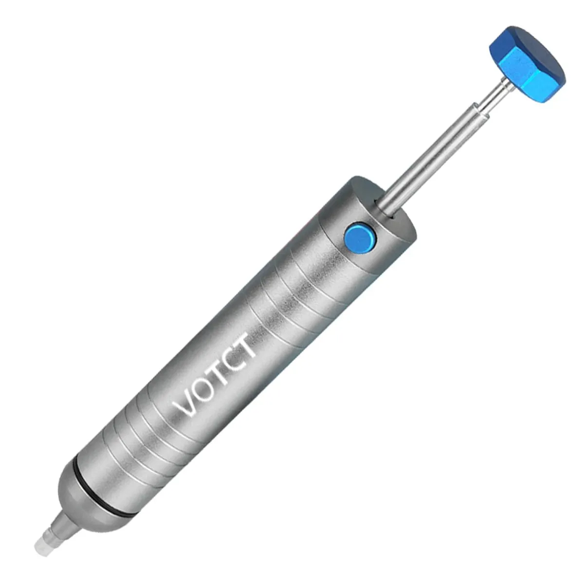 Aluminium desoldering pump with heat-resistant silicone nozzle, spring-loaded plunger and anti-slip handle