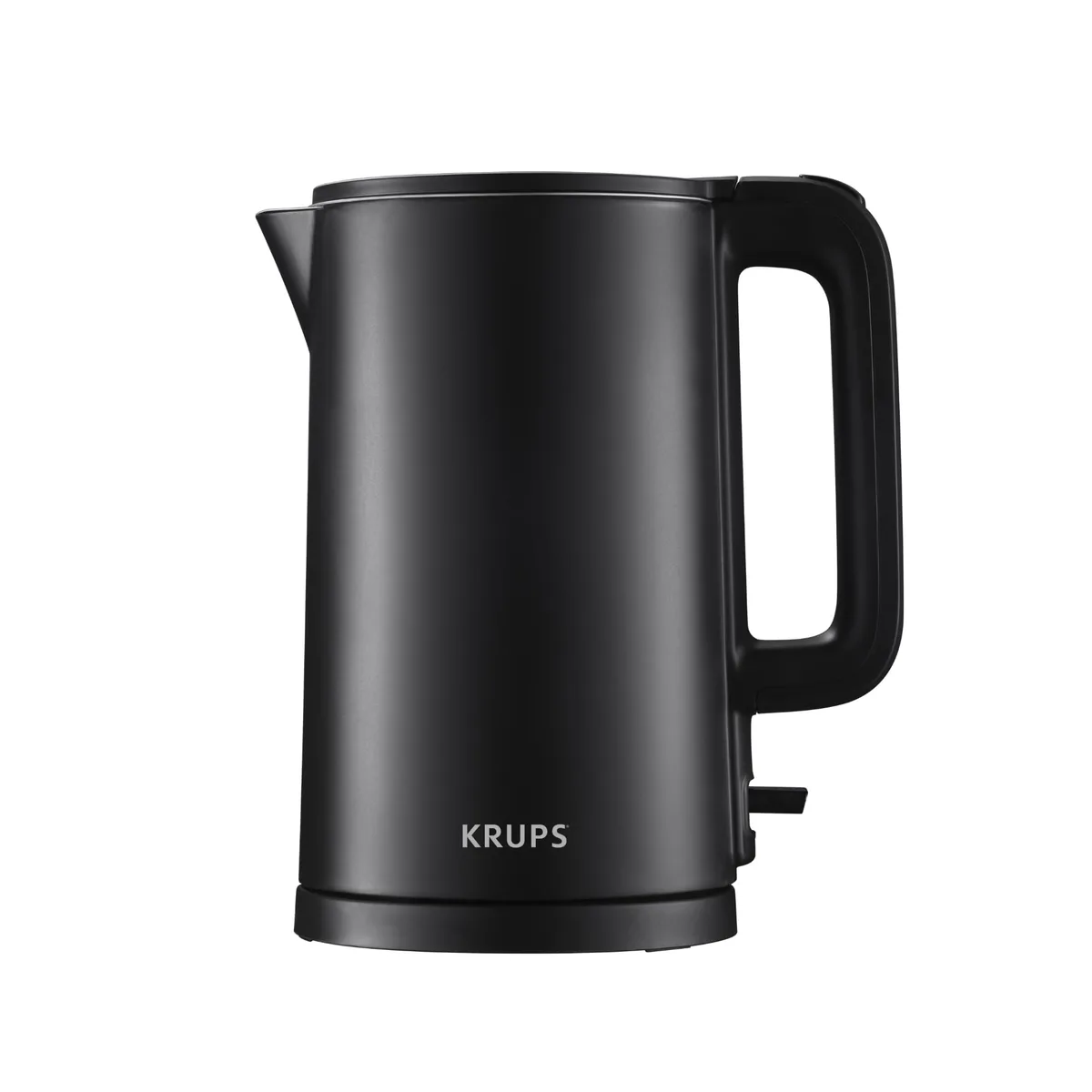 Black and white cordless electric kettle with double-wall stainless steel body on power base
