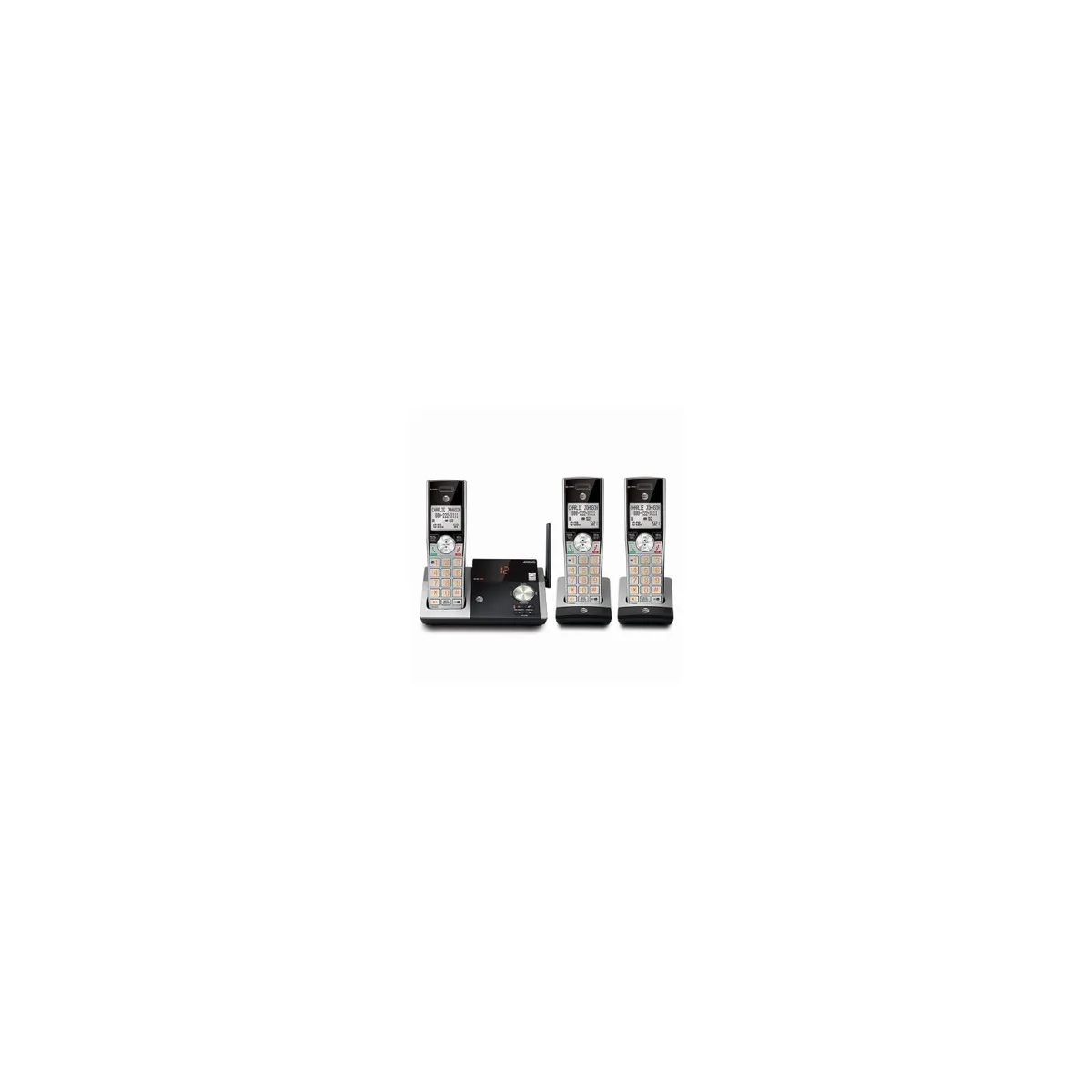 Silver and black cordless phone base with three handsets
