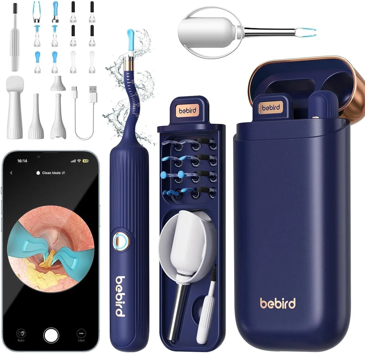 Blue ear wax removal tool with flexible camera and tweezers