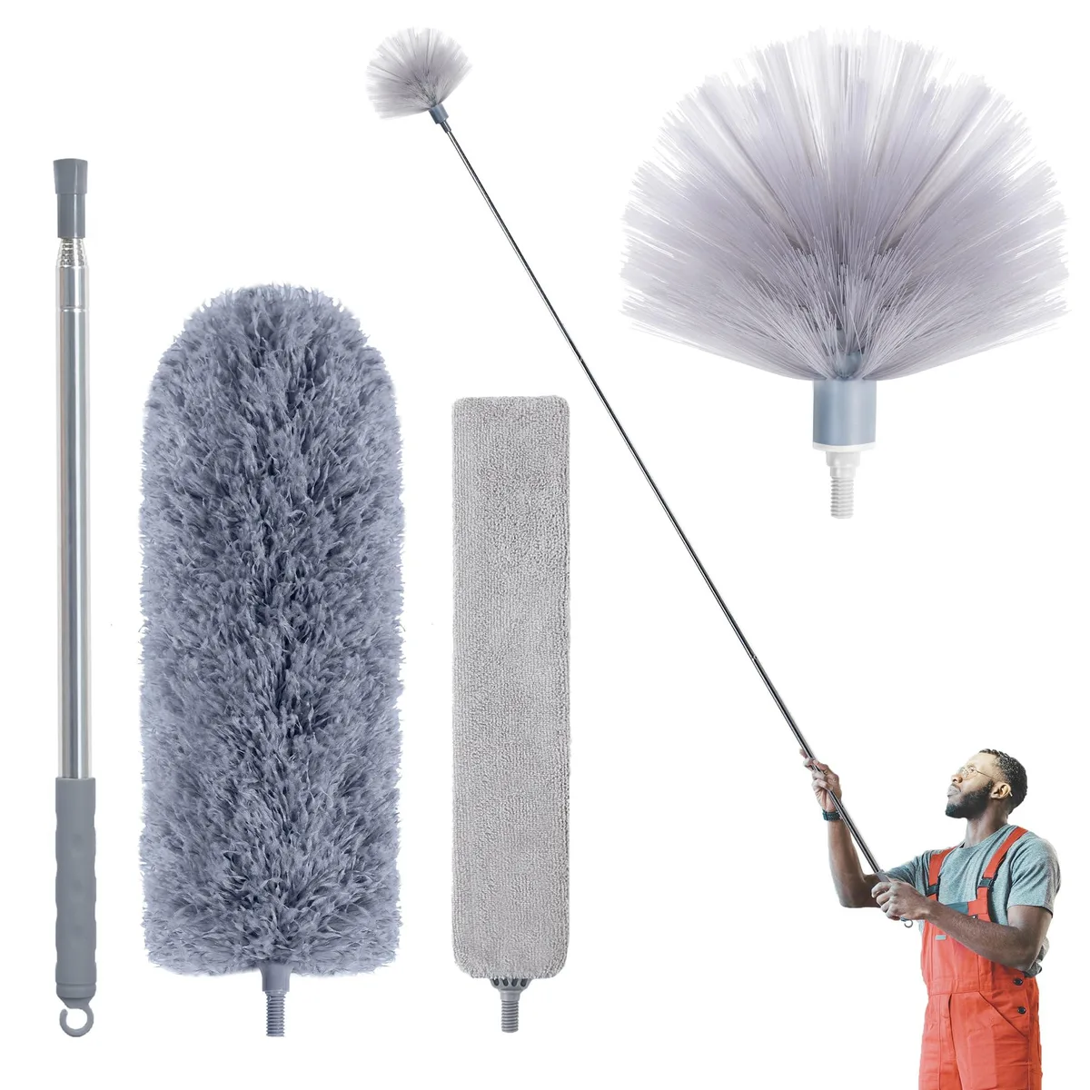 Black telescoping pole 100 inches long with microfiber duster, cobweb brush and skinny duster heads attached