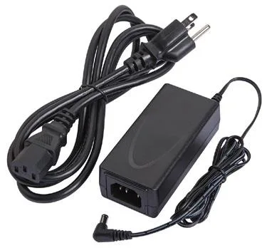 Black rectangular power adapter with right-angle DC plug and separate IEC power cord