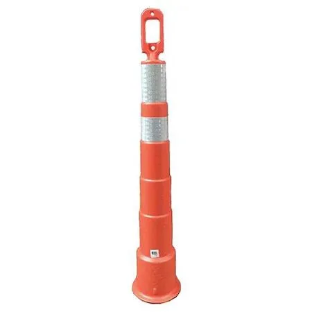 Orange HDPE channelizer 49 in tall with white reflective stripes
