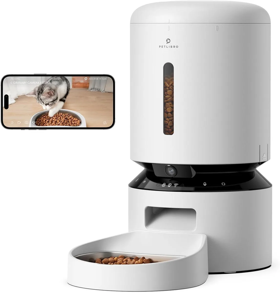 White rectangular pet feeder with front camera lens and single food tray