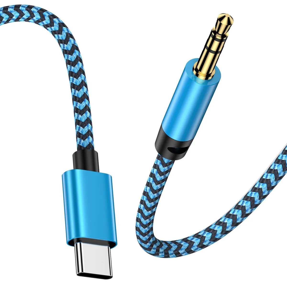 Blue USB-C to 3.5mm audio adapter cable, 3ft braided