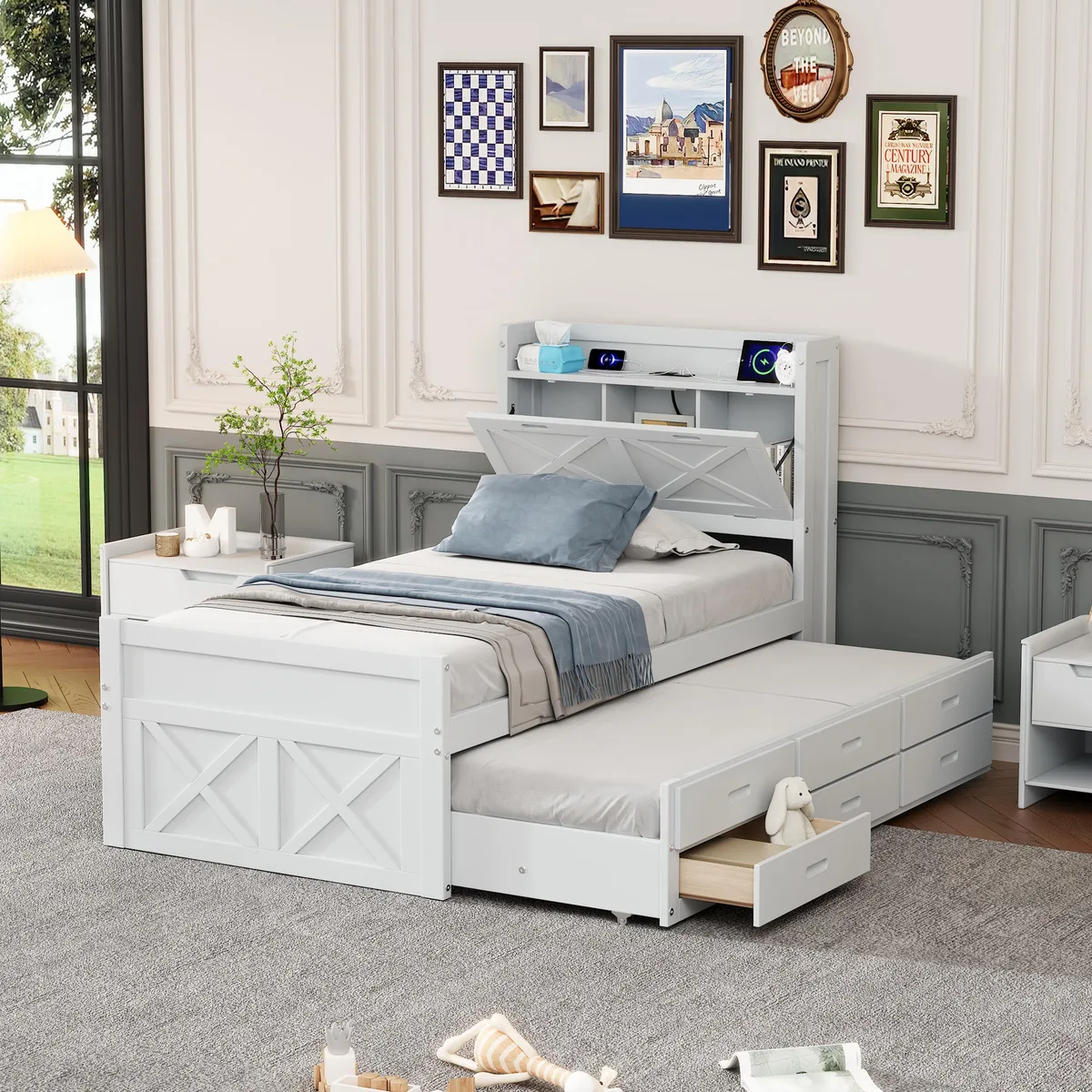White wooden twin bed with storage headboard, extendable trundle and three drawers