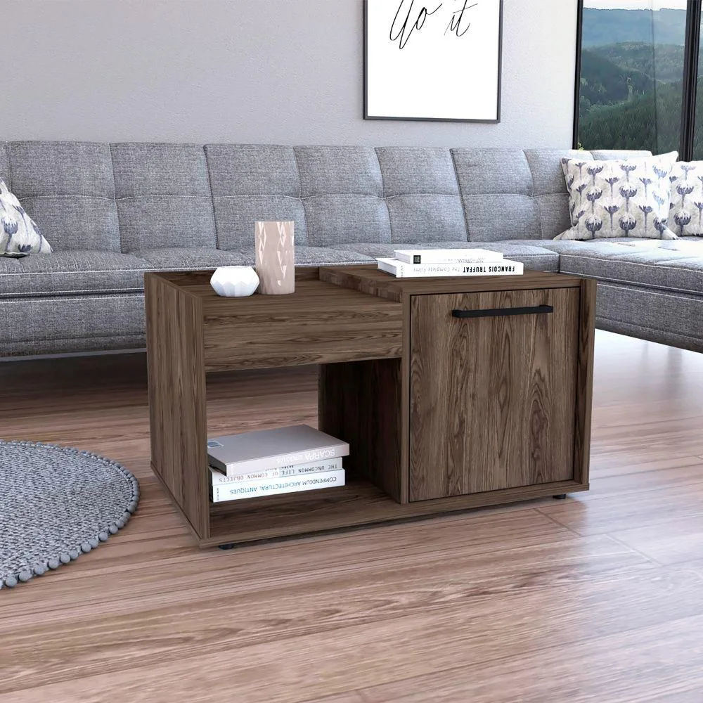 Brown engineered wood coffee table with open shelf and single door cabinet
