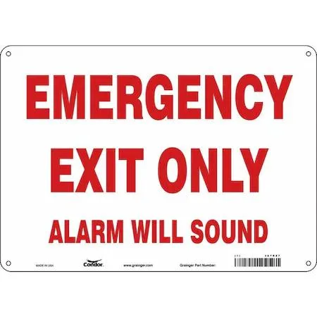 White plastic exit sign 14 by 10 inches with red text