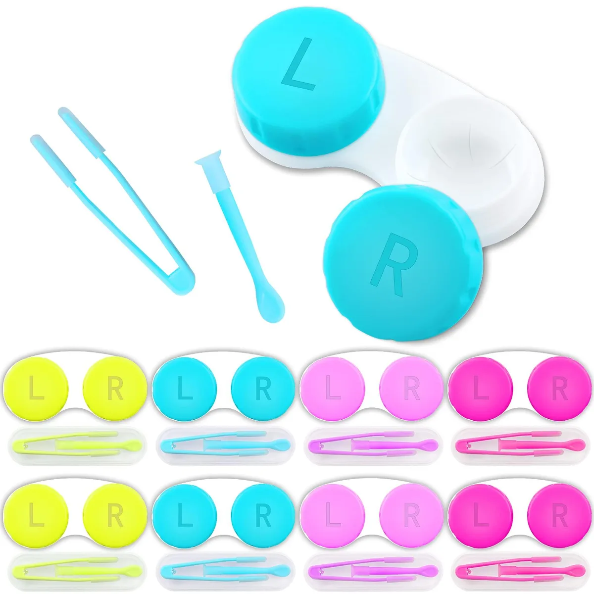 Sixteen-piece contact lens kit in purple, green, blue and pink cases with inserter tools