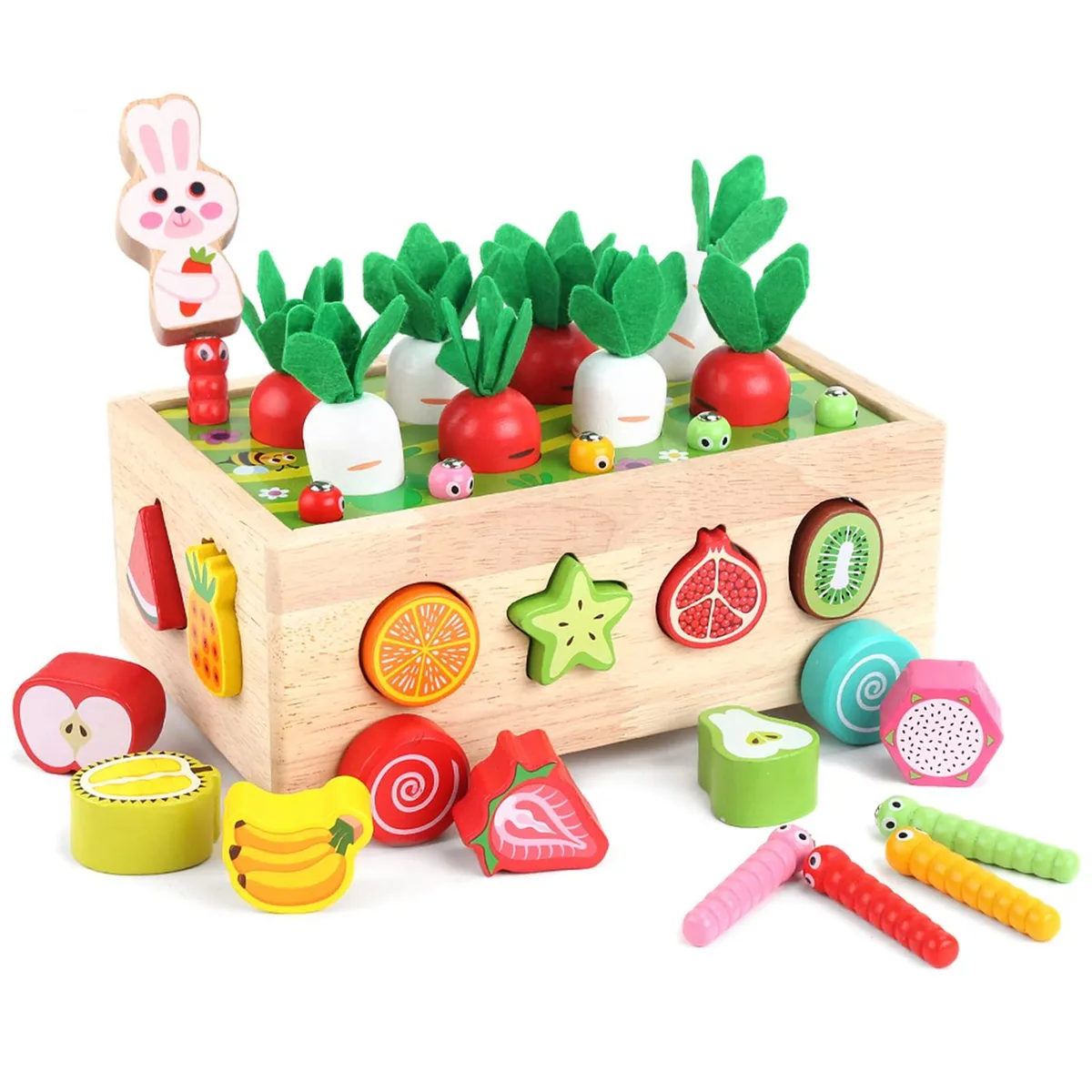 KMTJT Montessori Wooden Educational Toy Set 12 fruit blocks 10 worms 8 carrots — product photo