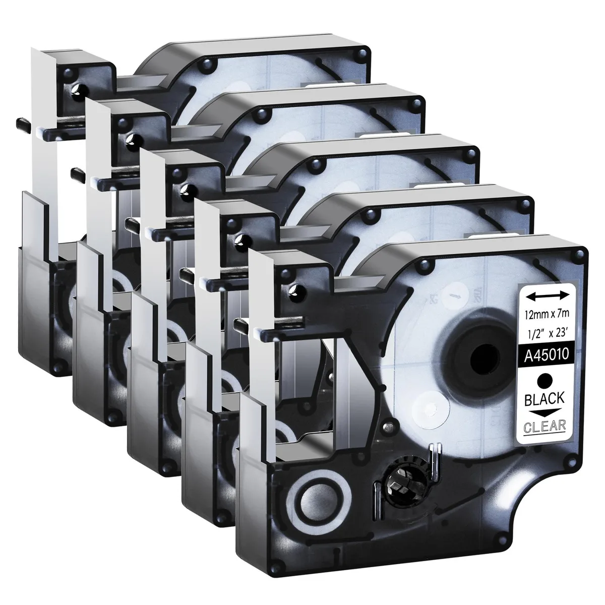GREENCYCLE GREENCYCLE 5 Pack D1 Label Tape 12mm x 23ft Black on Clear 45010 S0720500 — product photo