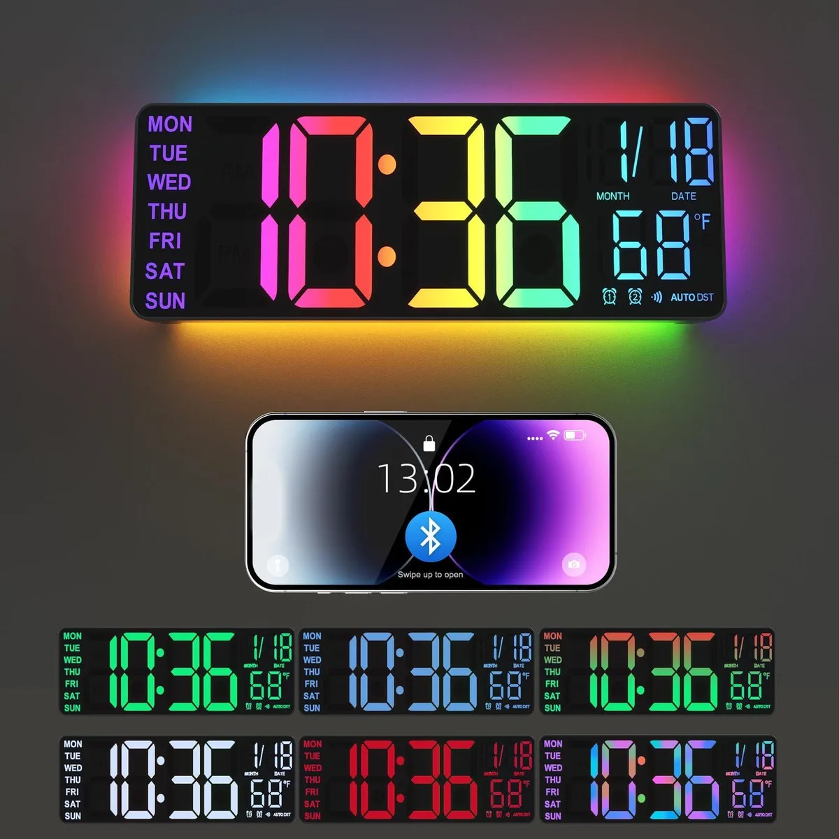 Thirteen-inch black rectangular digital wall clock with LED display and rear night light