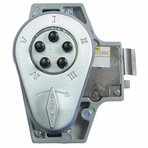 Satin chrome mechanical pushbutton door lock with rectangular keypad and lever handle