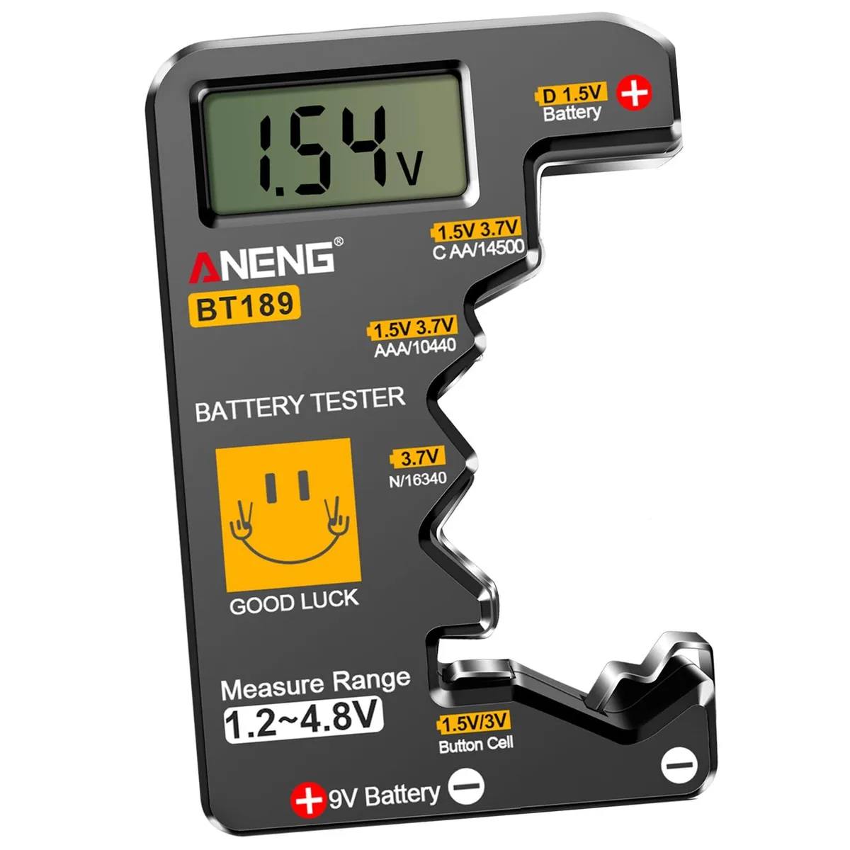 Compact battery tester with LCD screen, tests AA to 9V cells