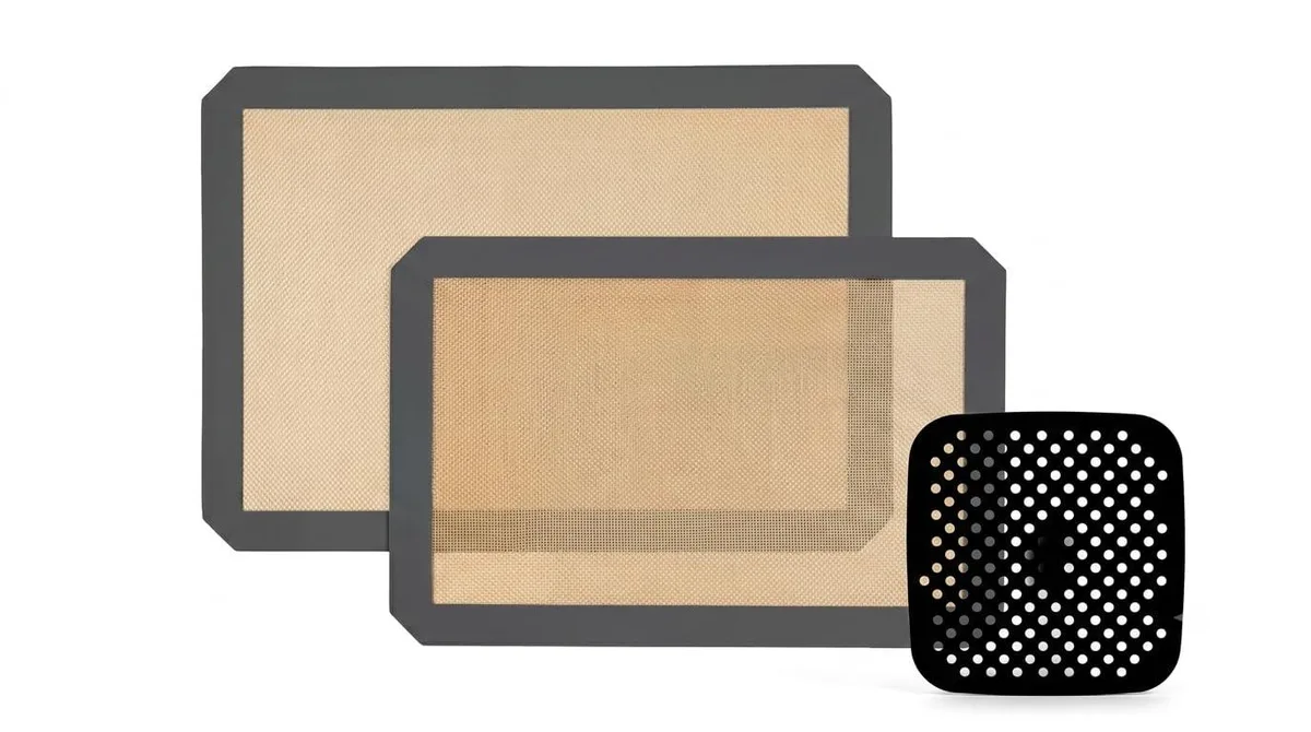 Three silicone baking mats in beige and grey: large rectangular pastry mat, half-sheet oven mat, perforated square air fryer liner