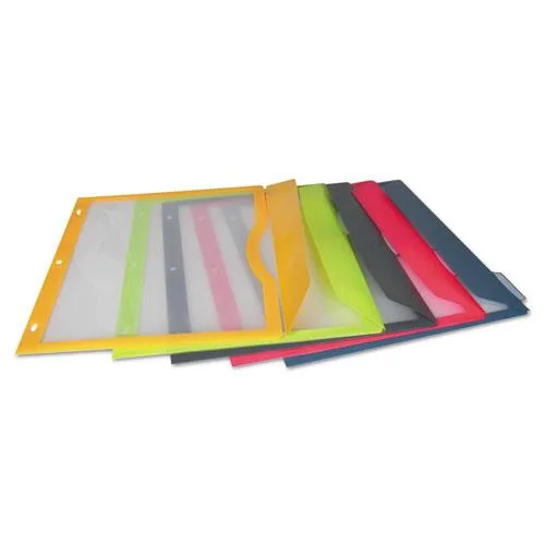 Five assorted colour poly binder pockets with write-on tabs and flap closure
